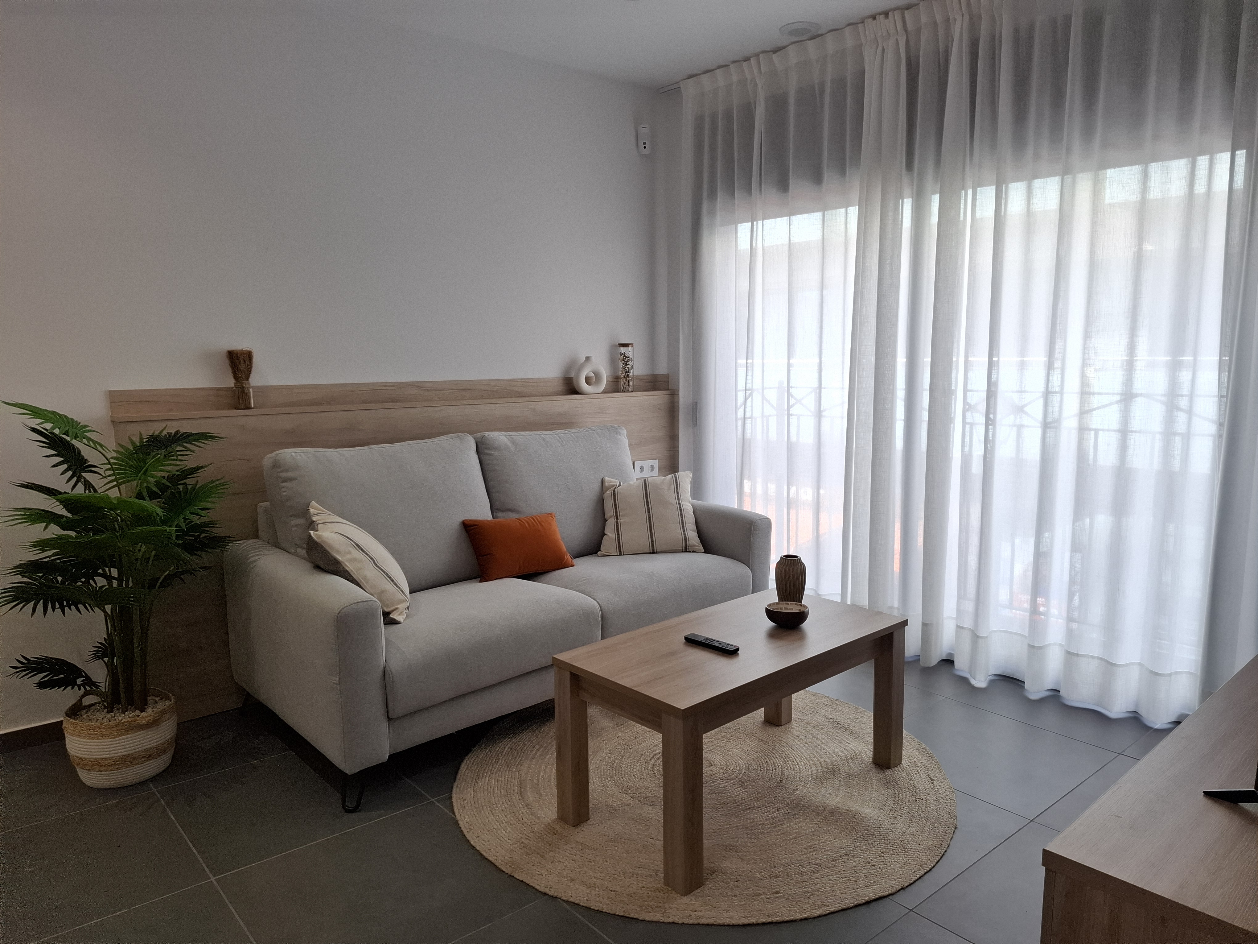 Salón principal de Residencial Júlia con sofá, planta y balcón